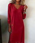 robe femme mi-longue col en v manches longues en rouge