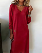 robe femme mi-longue col en v manches longues en rouge