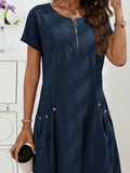 robe femme mi-longue manches courtes poches en bleu marine