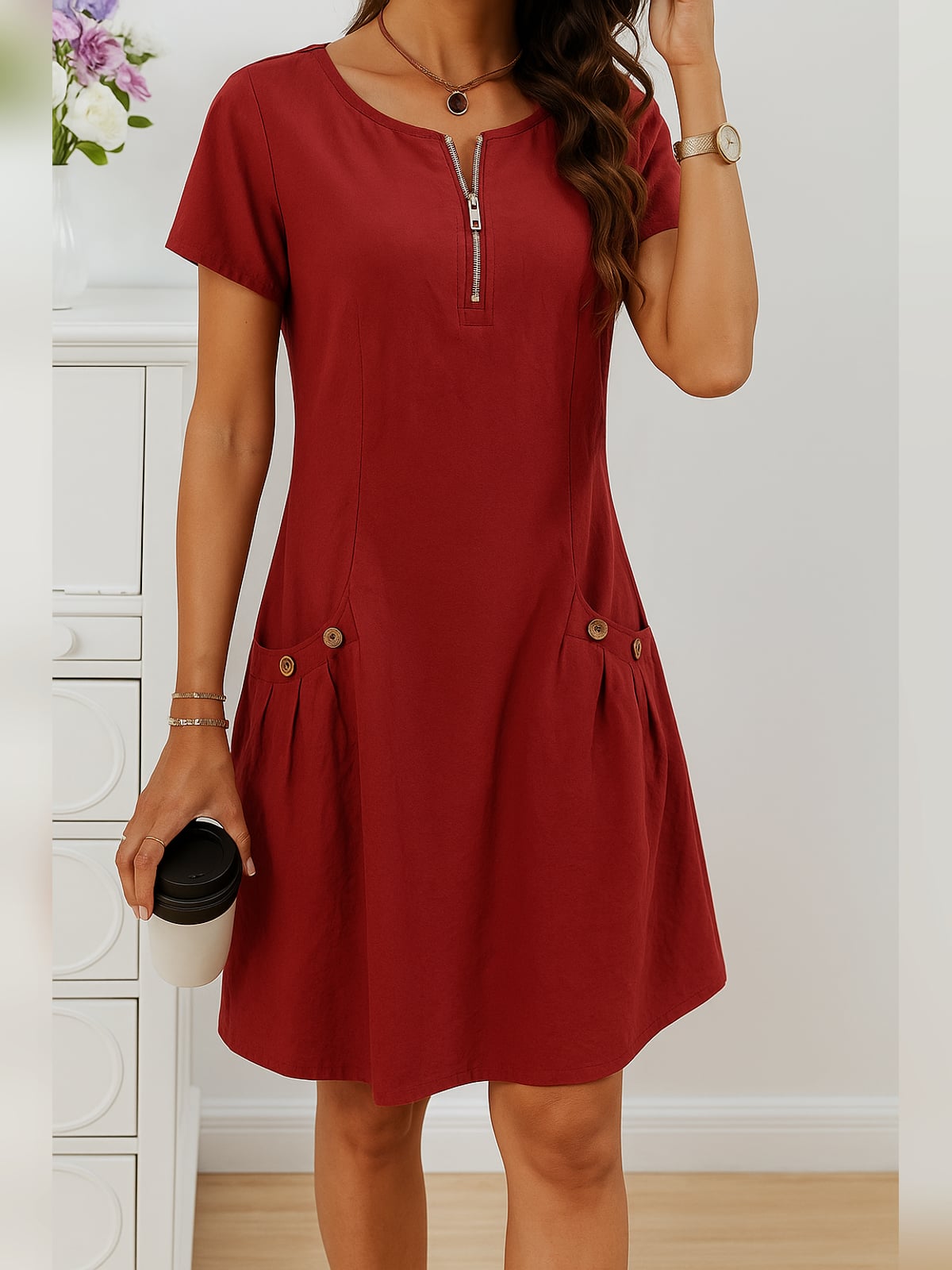 robe femme mi-longue manches courtes poches en rouge
