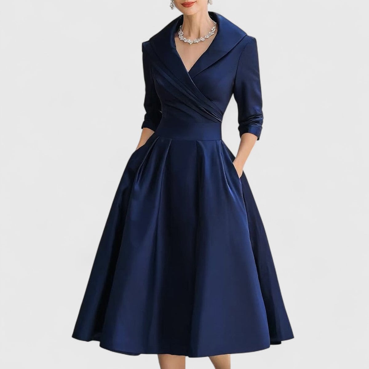 robe femme midi col en v manches trois quarts en bleu marine