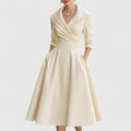 robe femme midi col en v manches trois quarts en beige