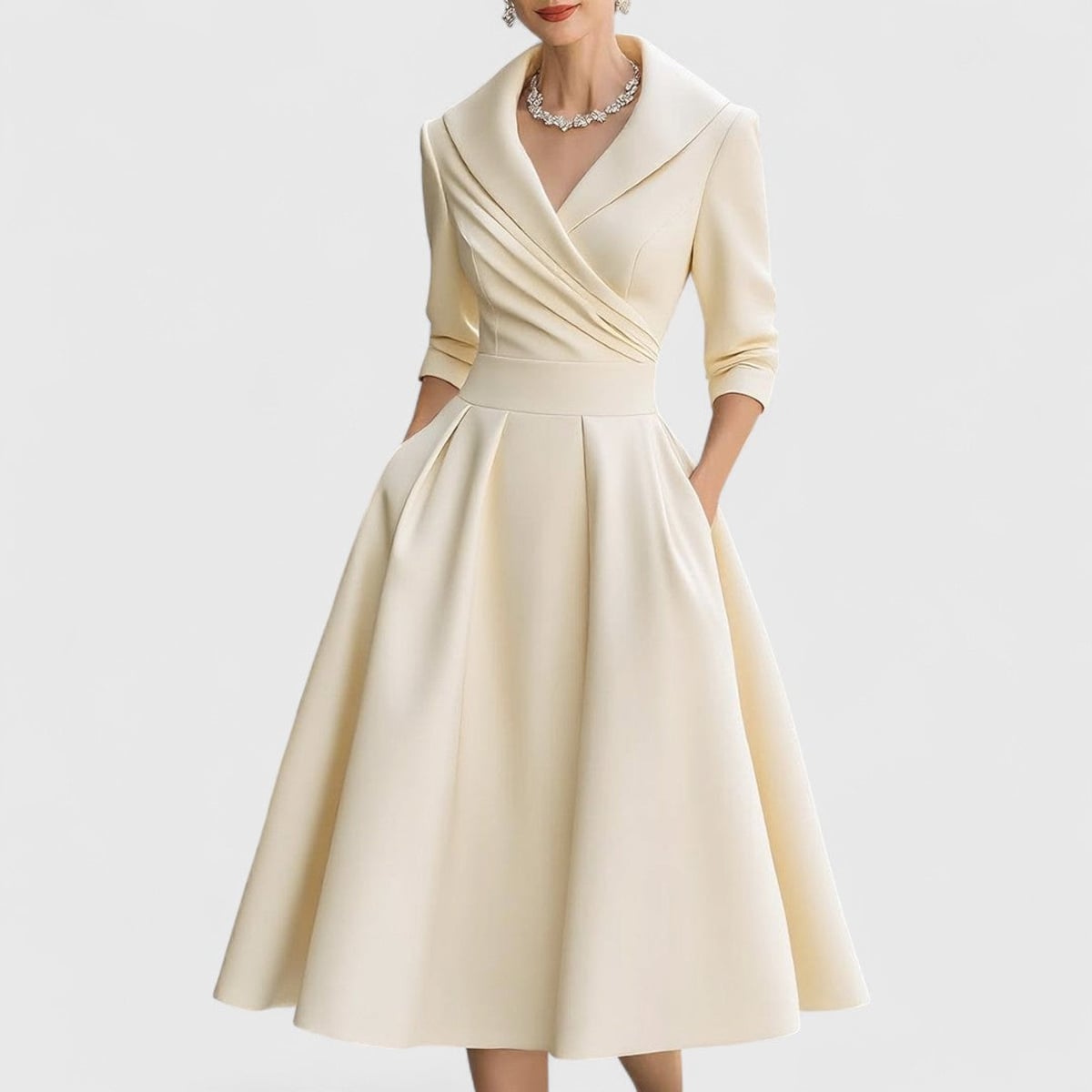 robe femme midi col en v manches trois quarts en beige