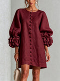 robe femme trapèze manches bouffantes boutons floraux en rouge foncé