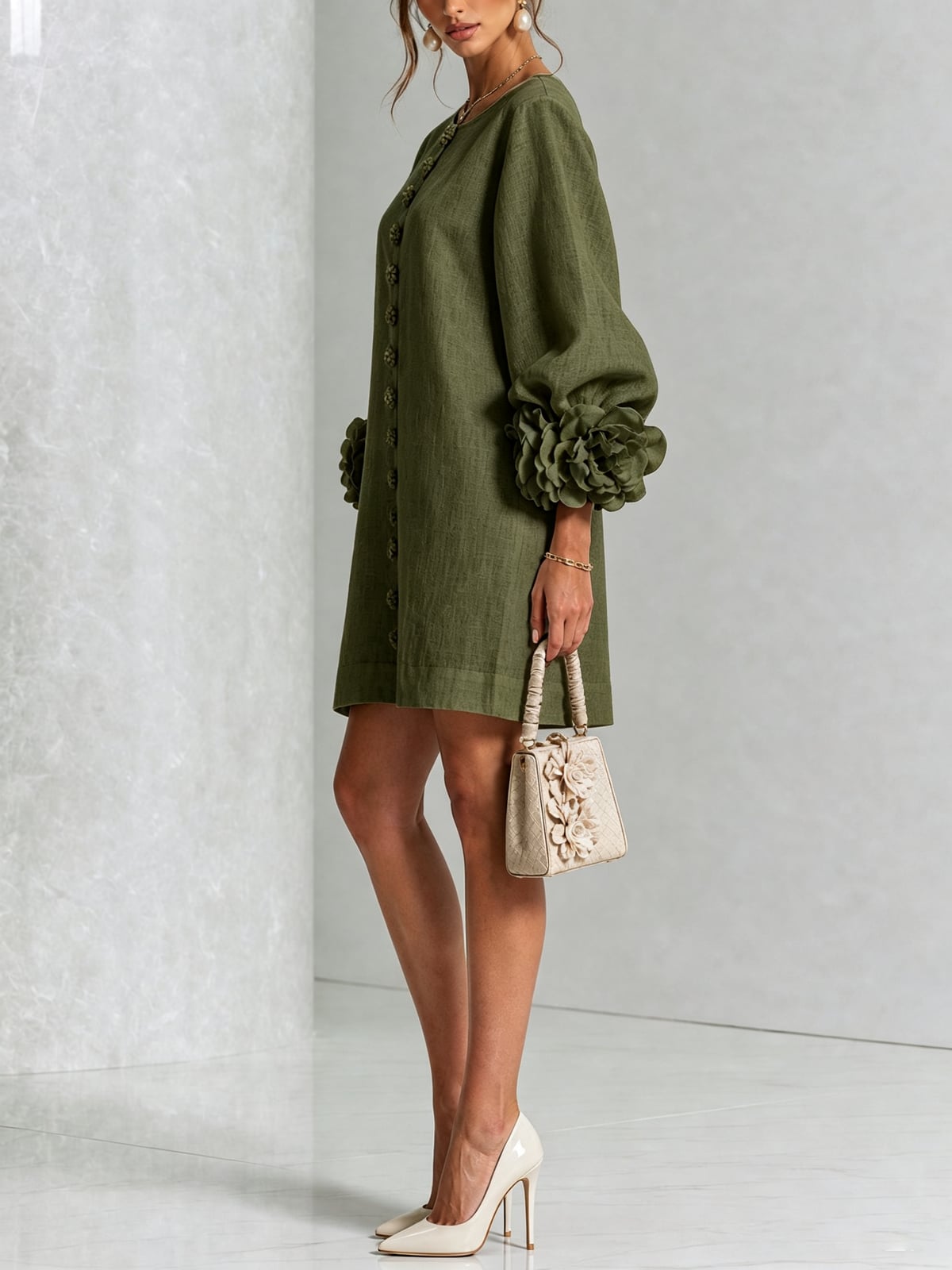 robe femme trapèze manches bouffantes boutons floraux en vert