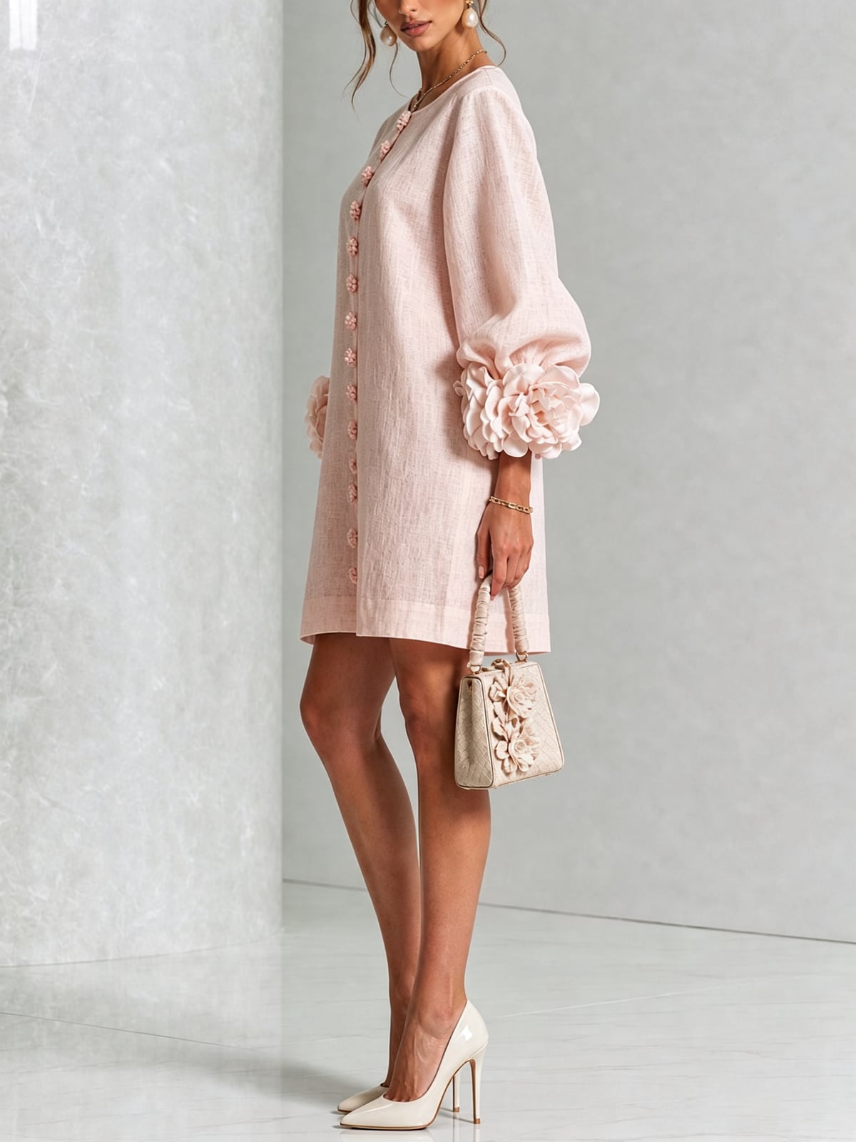 robe femme trapèze manches bouffantes boutons floraux