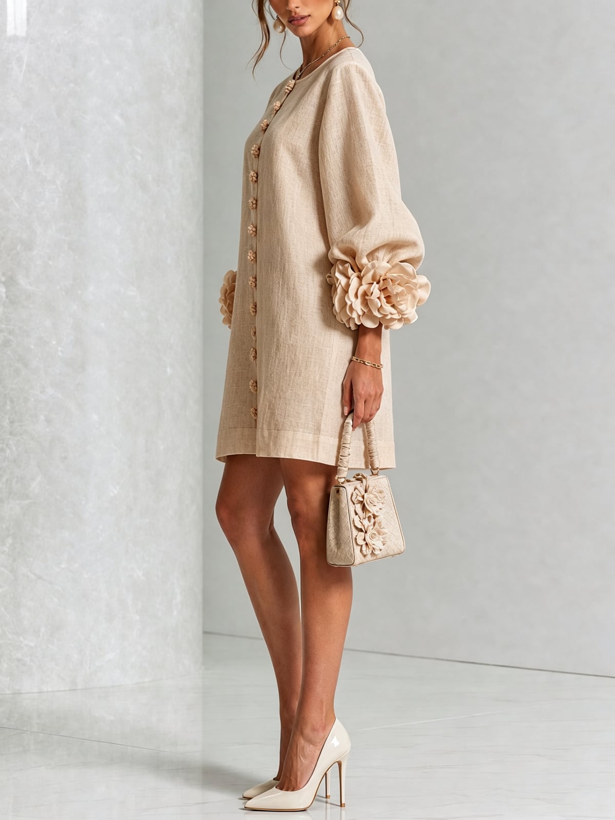 robe femme trapèze manches bouffantes boutons floraux