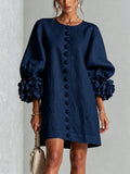 robe femme trapèze manches bouffantes boutons floraux en bleu marine