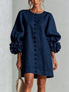 robe femme trapèze manches bouffantes boutons floraux en bleu marine