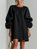 robe femme trapèze manches bouffantes boutons floraux en noir