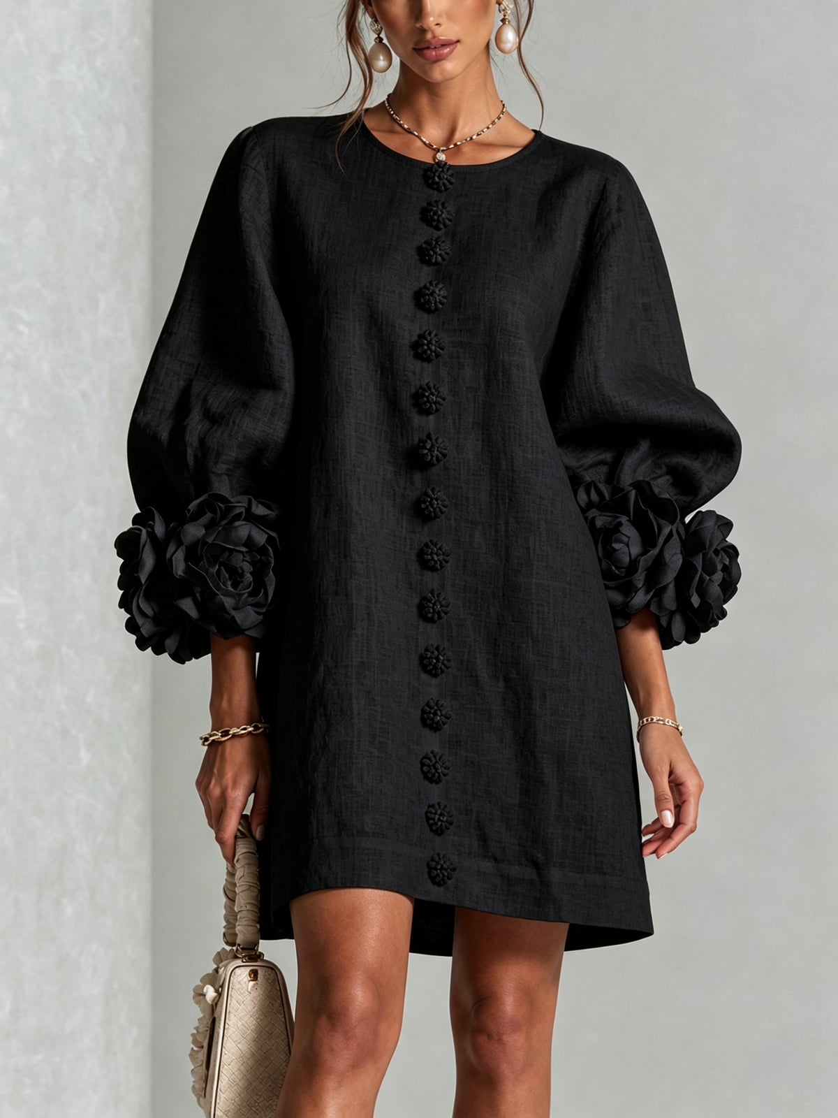 robe femme trapèze manches bouffantes boutons floraux en noir