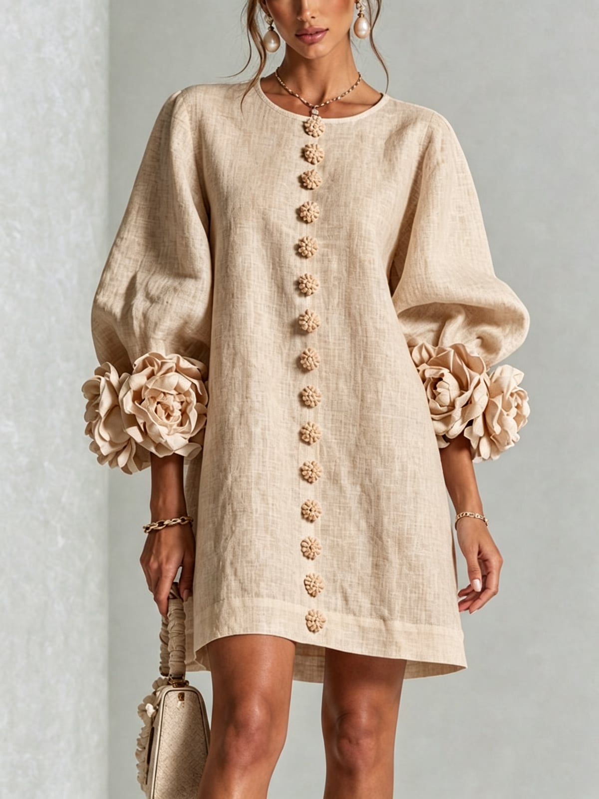 robe femme trapèze manches bouffantes boutons floraux en abricot