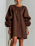 robe femme trapèze manches bouffantes boutons floraux en marron