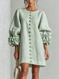 robe femme trapèze manches bouffantes boutons floraux en vert menthe