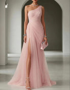 robe longue femme asymétrique épaule dénudée en rose