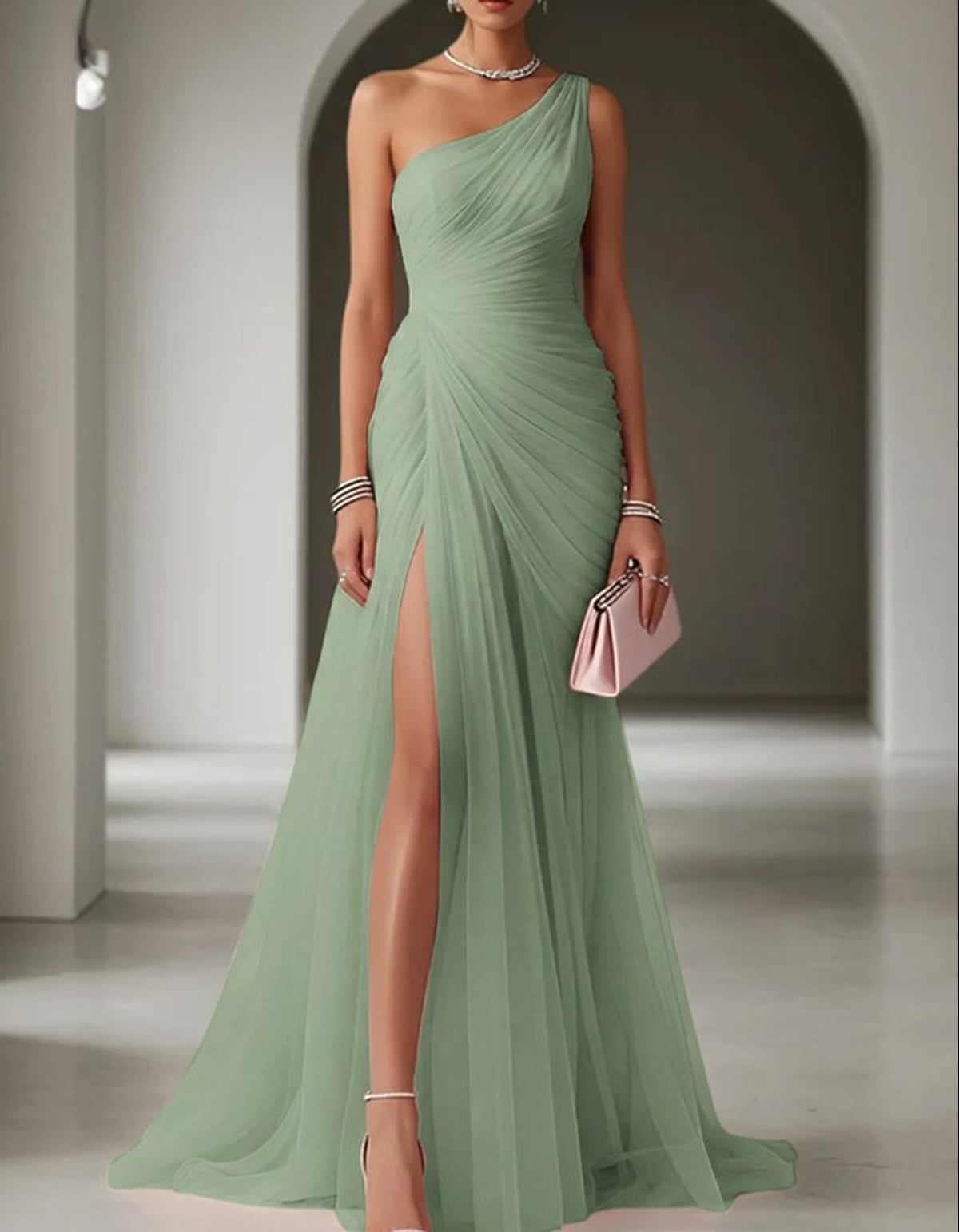 robe longue femme asymétrique épaule dénudée en vert sauge