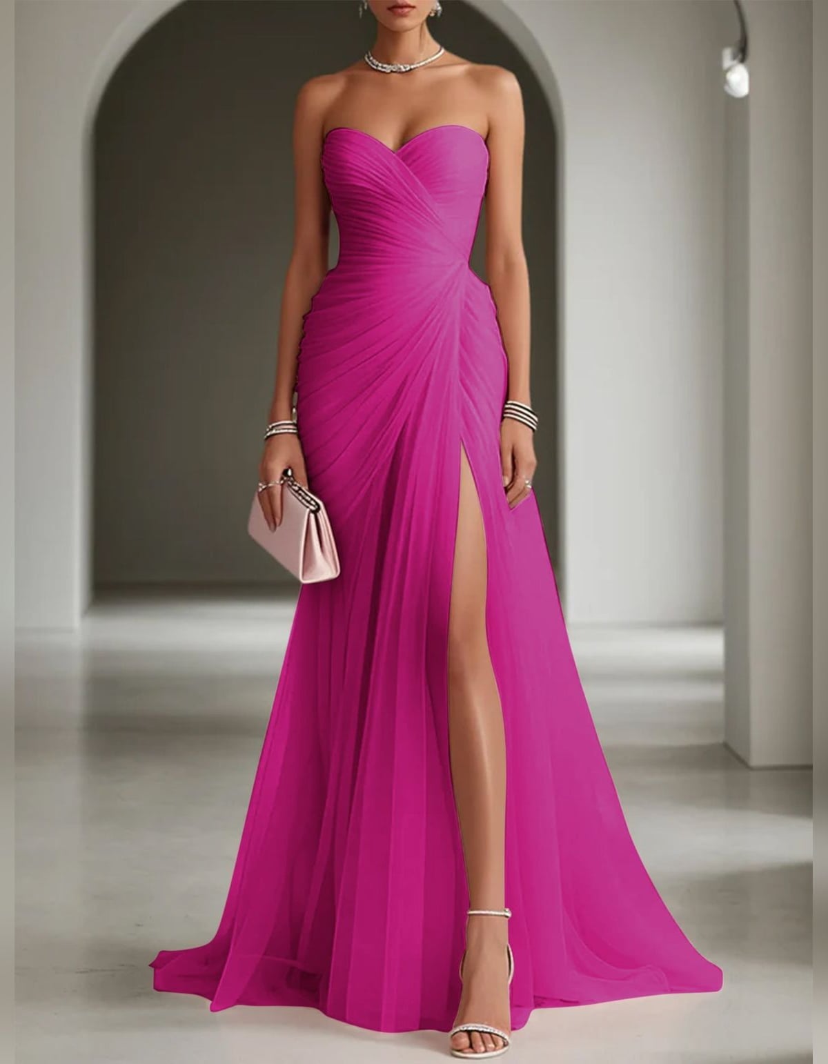 robe longue femme asymétrique épaule dénudée en rose fuchsia