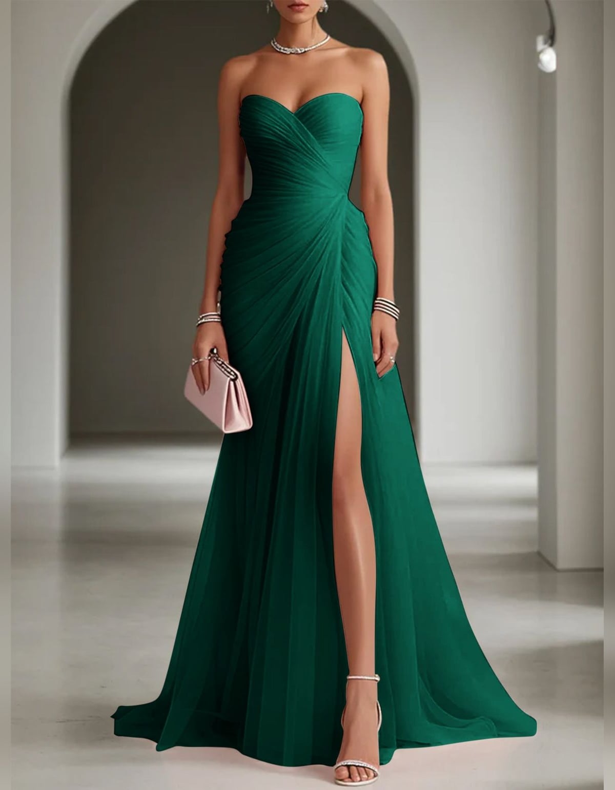 robe longue femme asymétrique épaule dénudée en vert foncé