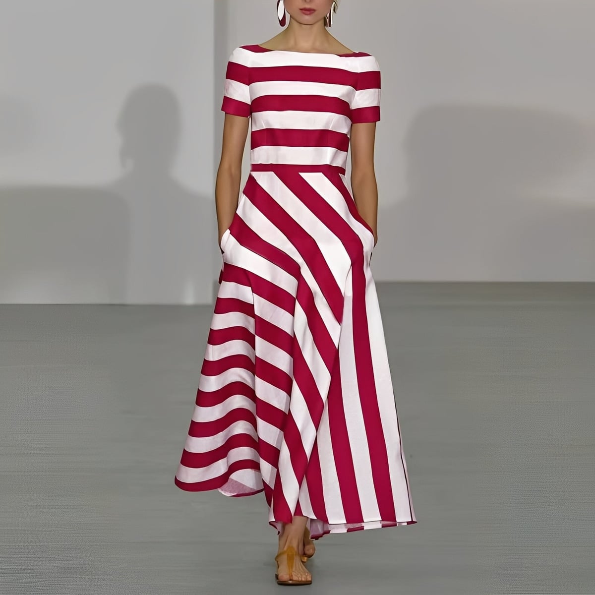 robe longue femme col bateau manches courtes en rouge