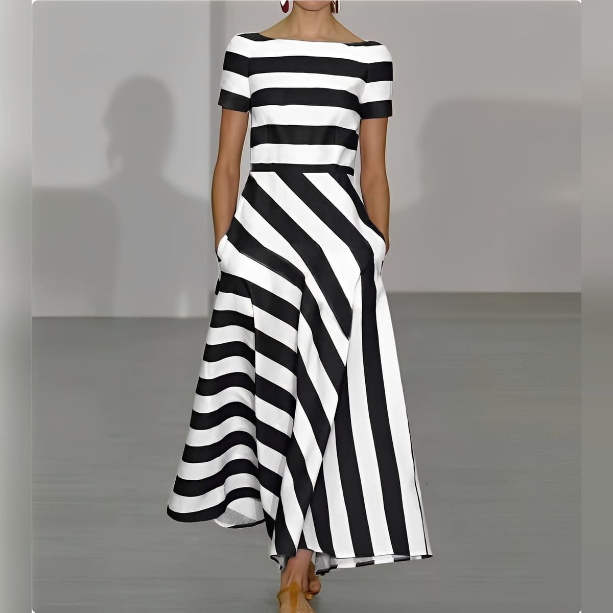 robe longue femme col bateau manches courtes en noir