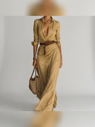 robe longue femme col chemise manches longues en kaki