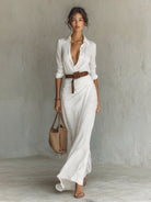 robe longue femme col chemise manches longues en blanc