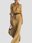 robe longue femme col chemise manches longues en kaki