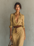 robe longue femme col chemise manches longues en kaki