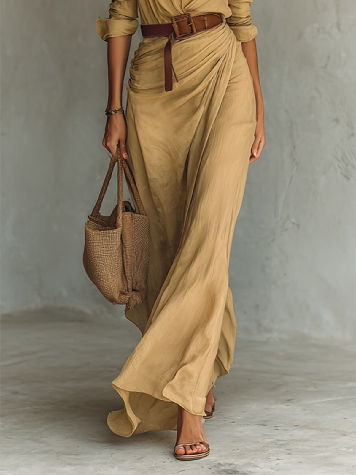 robe longue femme col chemise manches longues en kaki