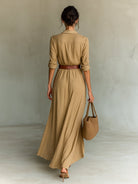 robe longue femme col chemise manches longues en kaki