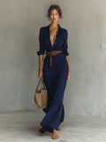 robe longue femme col chemise manches longues en bleu