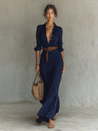 robe longue femme col chemise manches longues en bleu
