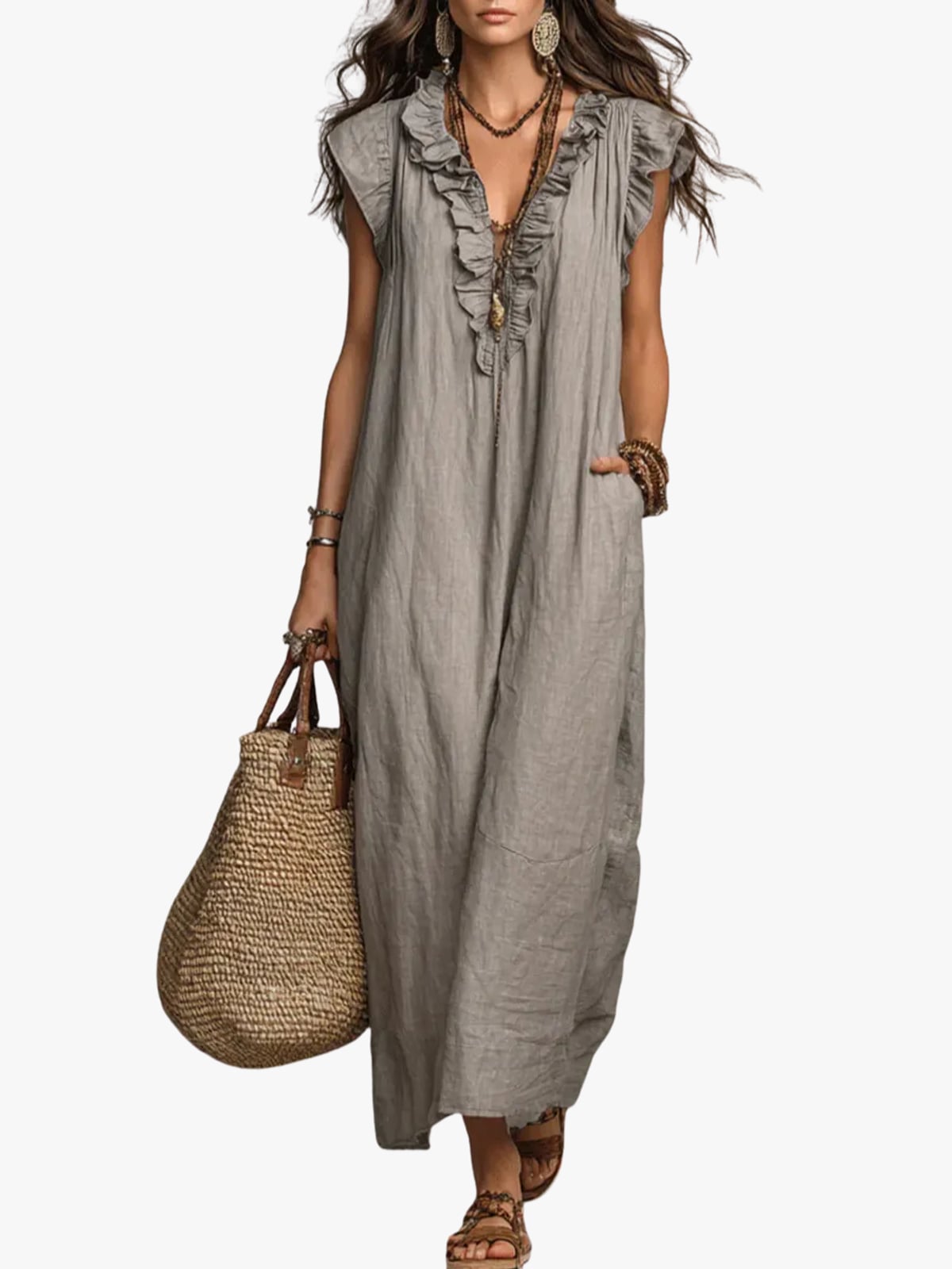 robe longue femme col en v à volants en gris