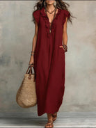 robe longue femme col en v à volants en bordeaux