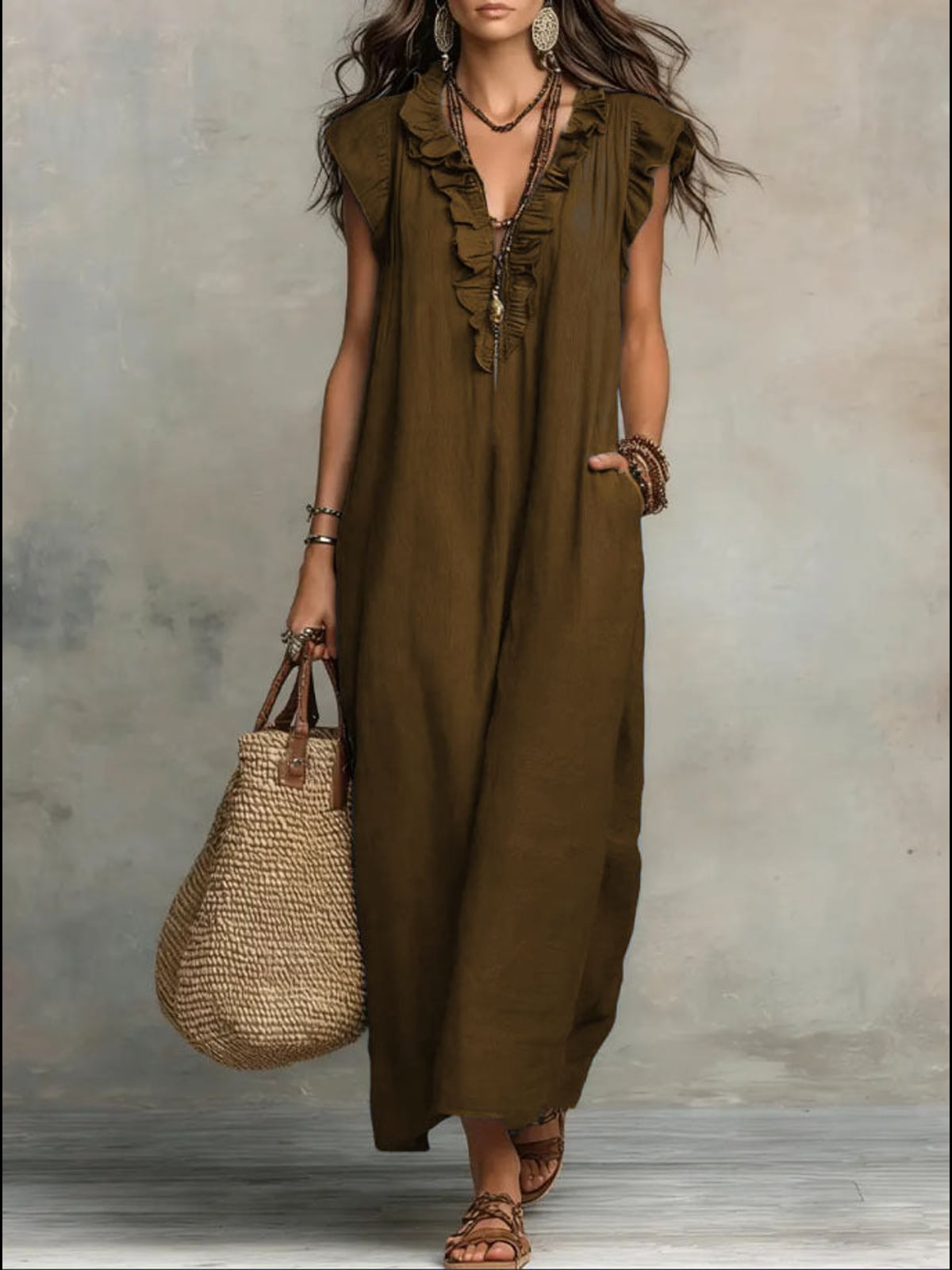 robe longue femme col en v à volants en marron foncé