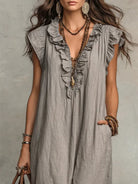 robe longue femme col en v à volants en gris