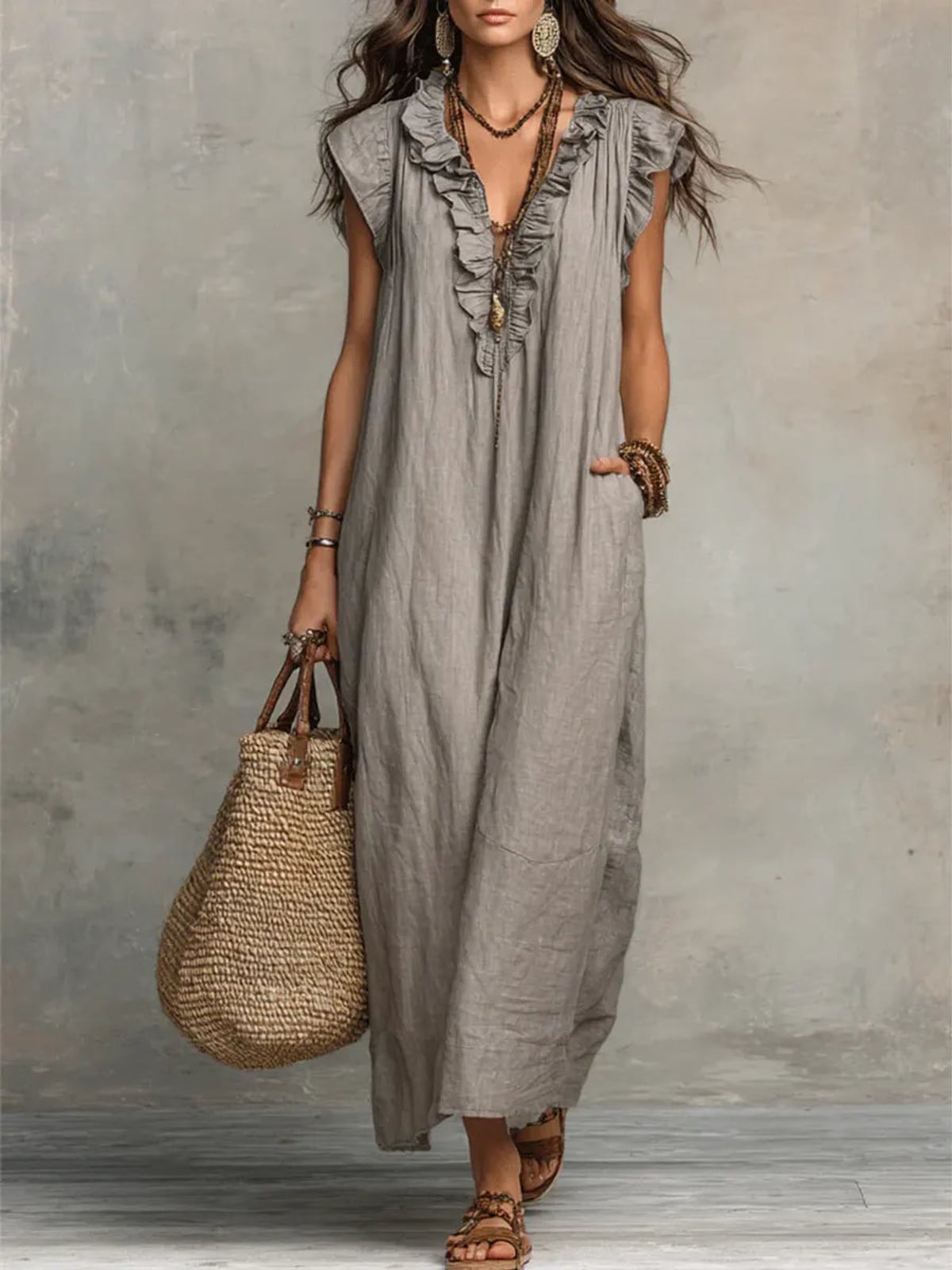 robe longue femme col en v à volants en gris