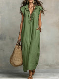 robe longue femme col en v à volants en vert