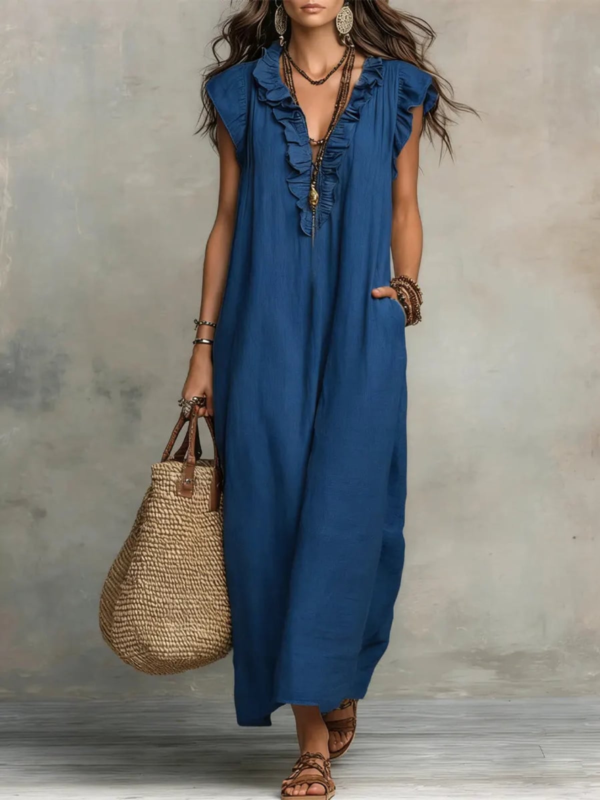 robe longue femme col en v à volants en bleu
