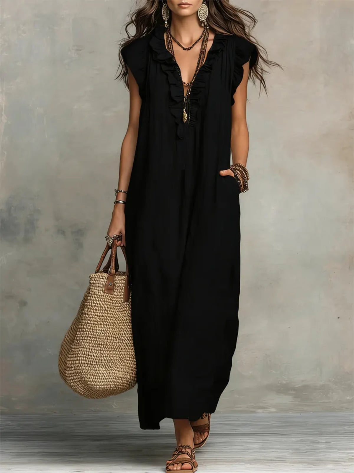 robe longue femme col en v à volants en noir