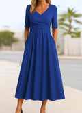 robe longue femme col en v cache-cœur en marine