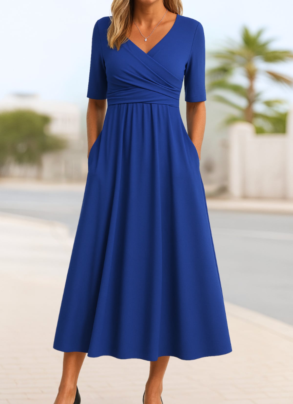 robe longue femme col en v cache-cœur en marine