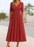 robe longue femme col en v cache-cœur en rouge