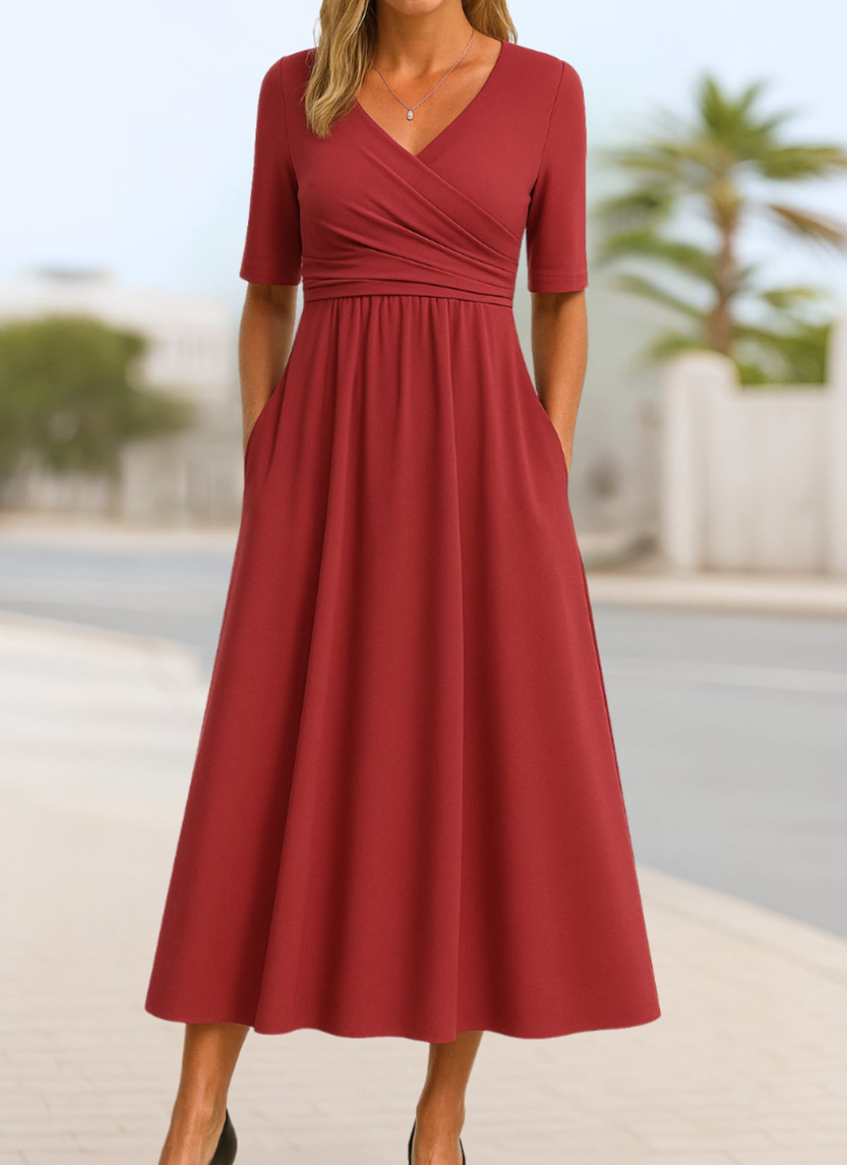 robe longue femme col en v cache-cœur en rouge