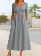 robe longue femme col en v cache-cœur en gris
