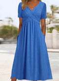 robe longue femme col en v cache-cœur en bleu ciel