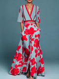 robe longue femme col en v imprimé floral en rouge