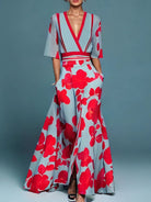 robe longue femme col en v imprimé floral en rouge