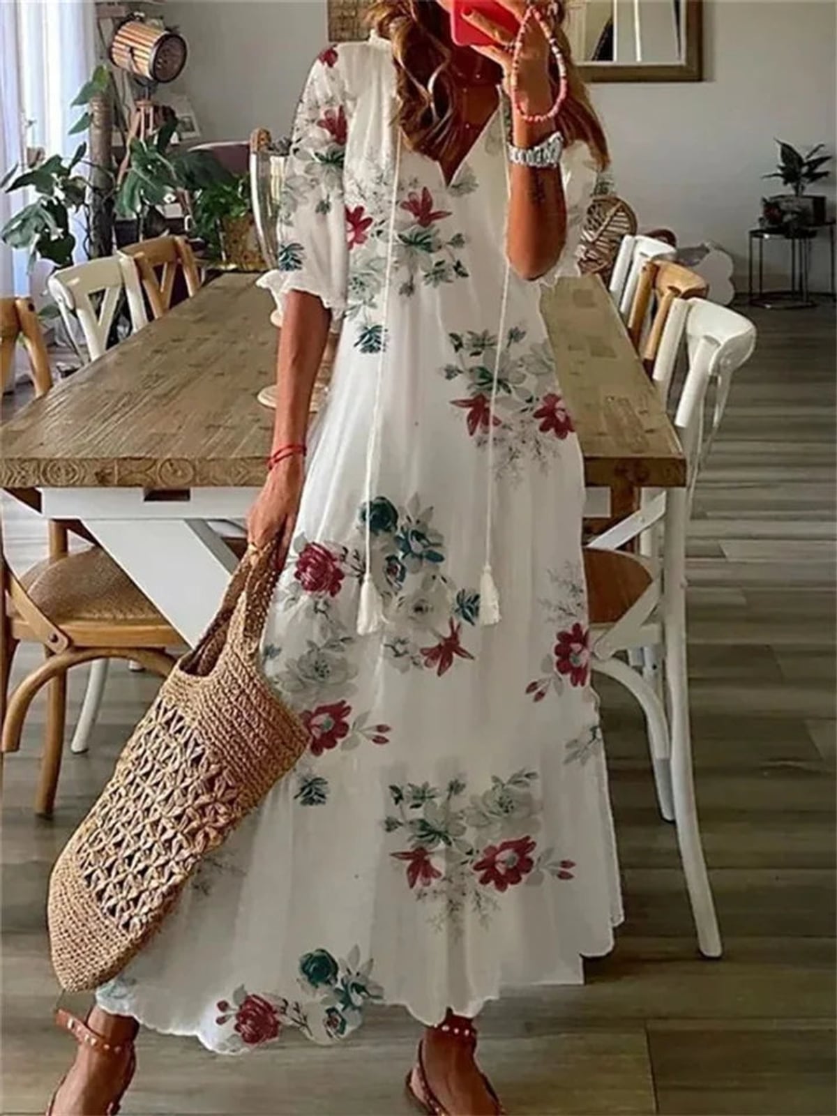 robe longue femme col en v imprimée en blanc