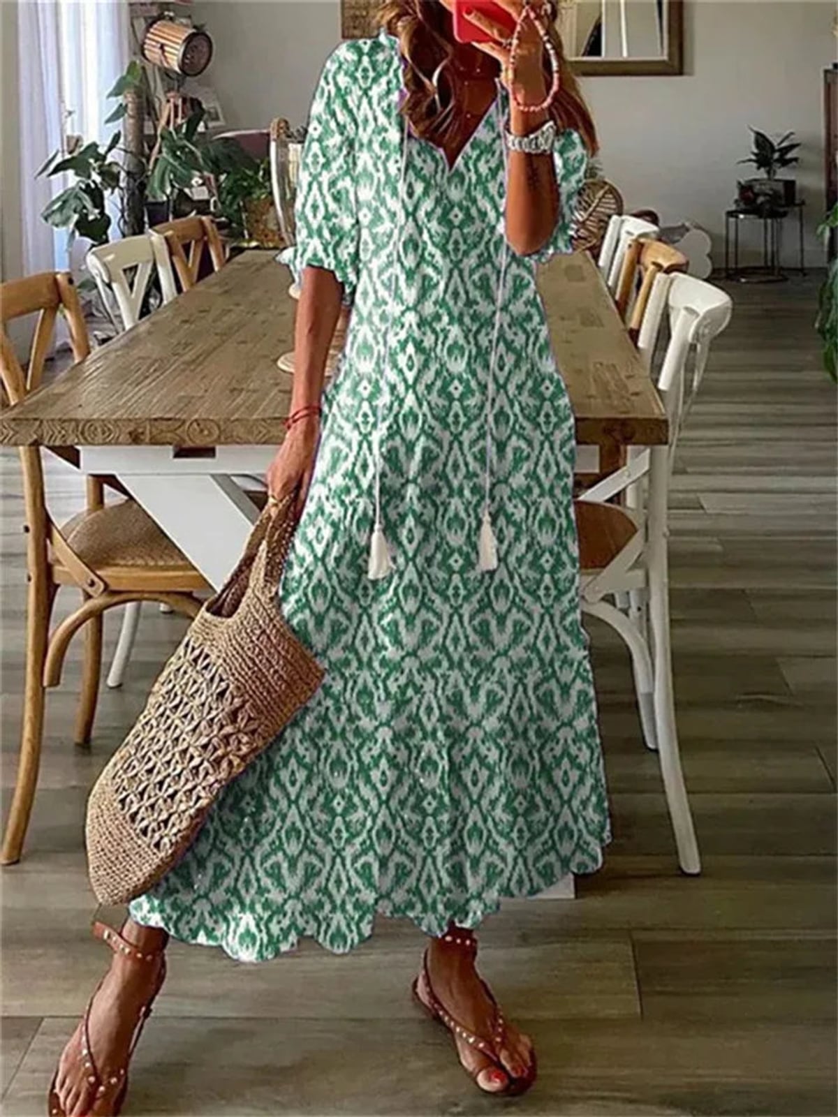 robe longue femme col en v imprimée en vert